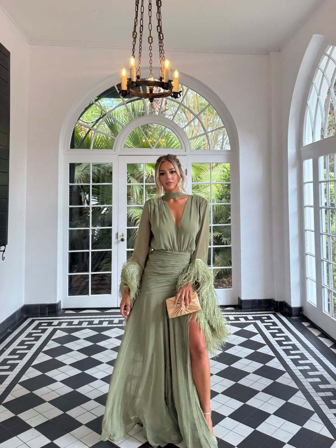 V Neck Feather Cuff Slit Maxi Dress-boutique