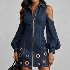 Off Shoulder Denim Mini Dress with Gold Ring Detail