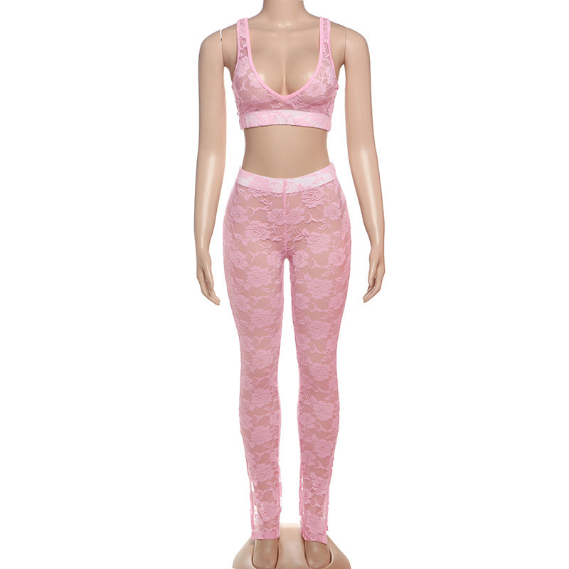 Sexy Lace See through Crop Vest Skinny Pants Set