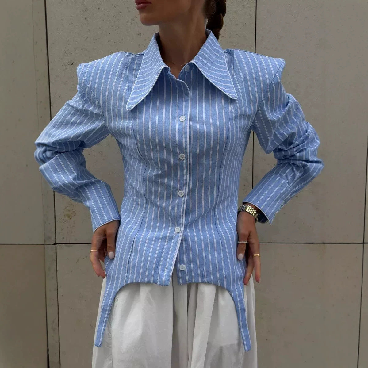 Belted Striped Button Up Shirt