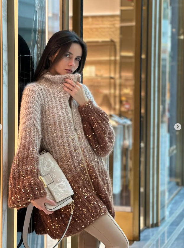 Gradient Sequin Zip Front Knit Cardigan