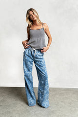 Printed Elastic Waist Denim Pants