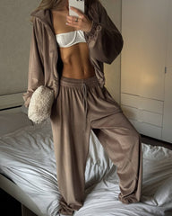 Stand Collar Zip Jacket and Wide Leg Pants Set