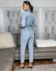 Belted Long Sleeve Straight Leg Denim Jumpsuit-boutique