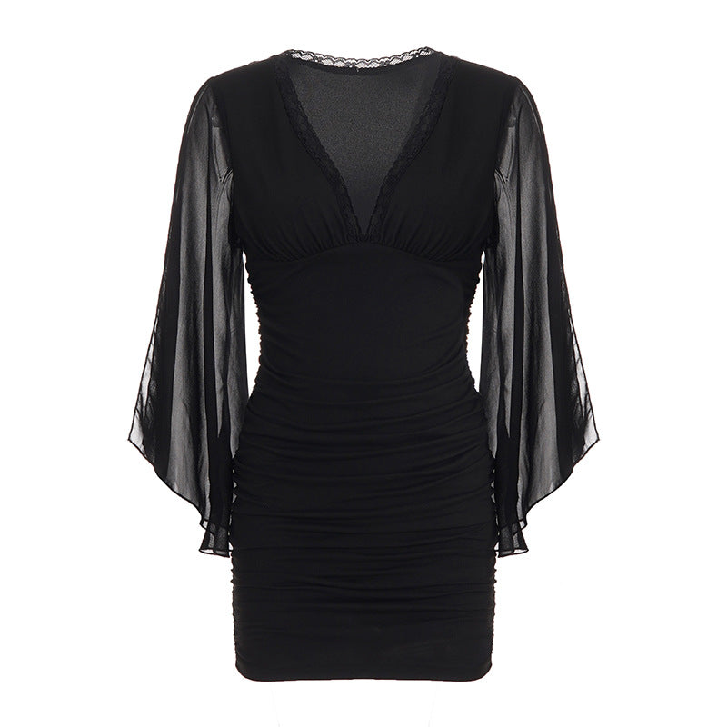 Lace V Neck Split Cape Sleeve Mini Dress