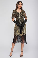 1920s Sequin Fringe Short Sleeve Dress