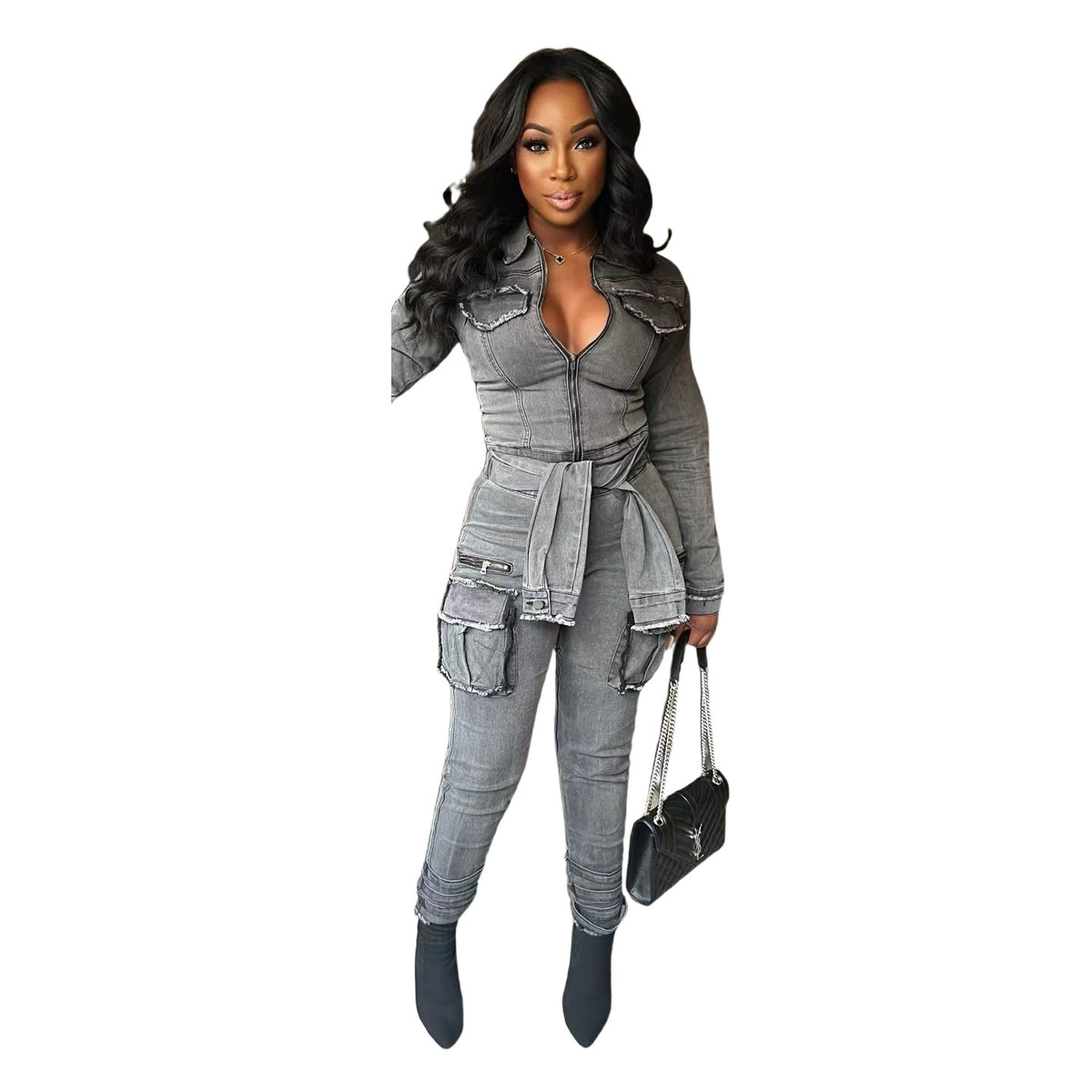 Casual Zip-Front Bandage Denim Cargo Jumpsuit