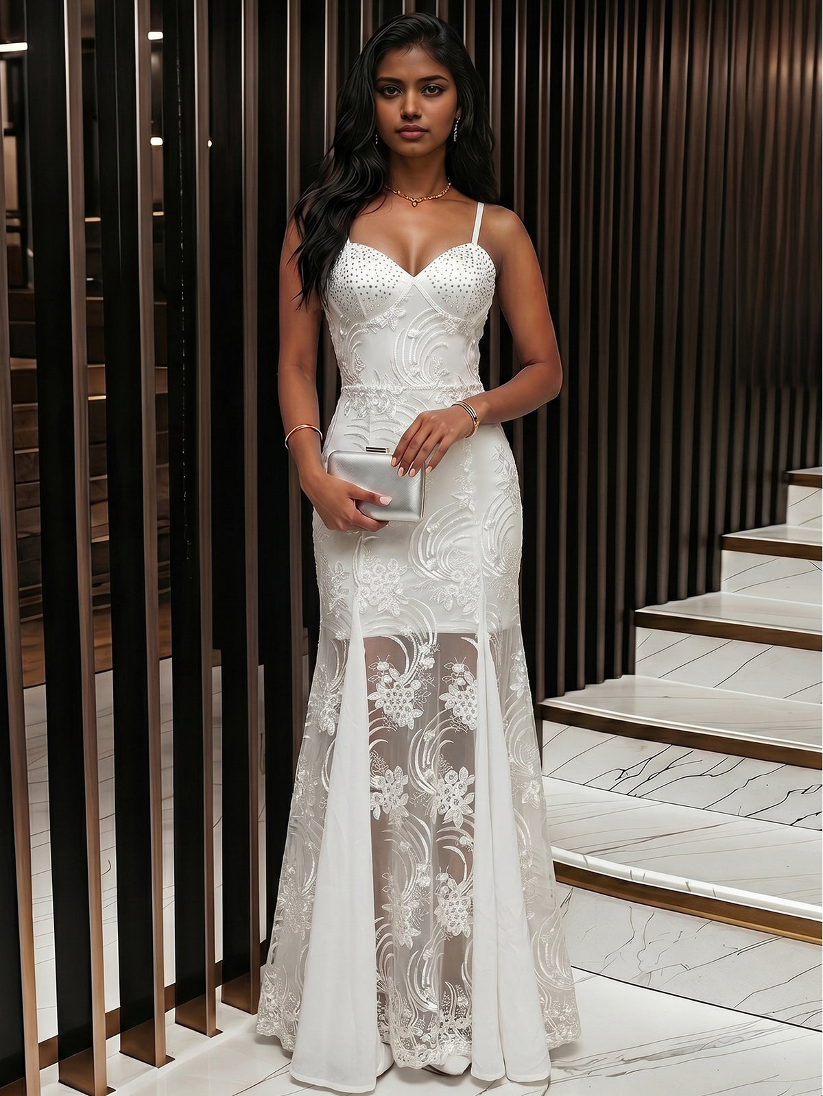 White Lace Rhinestone Maxi Dress-boutique