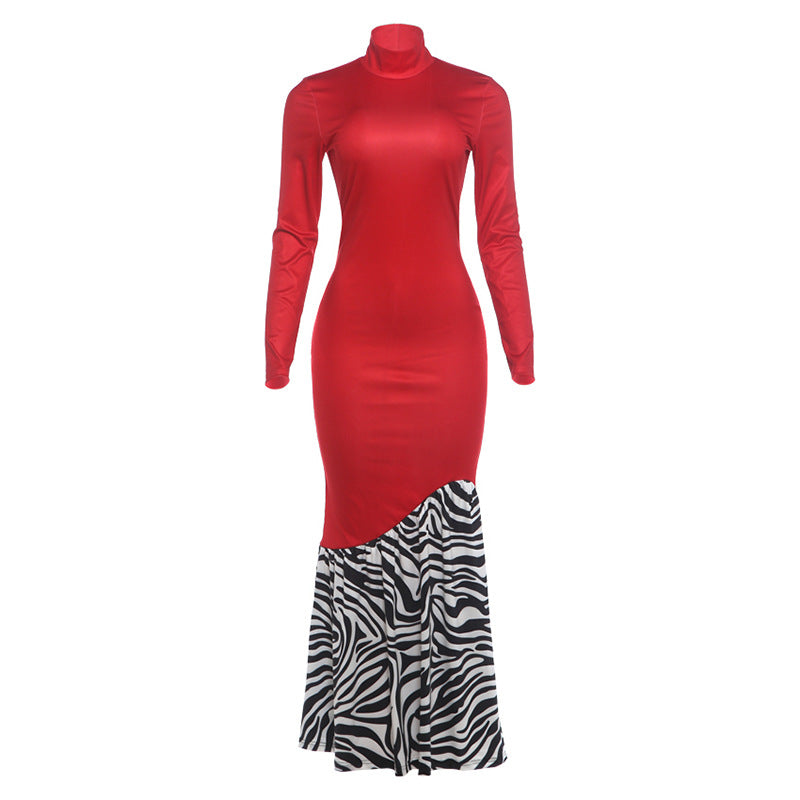 Zebra Print Colorblock High Neck Dress