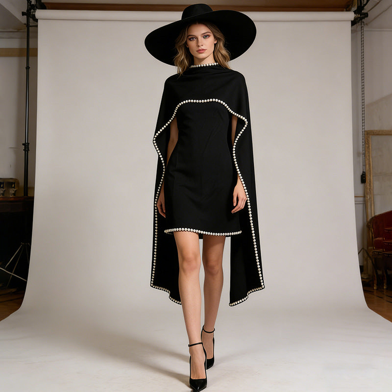 Pearl Trim Cape Mini Dress-boutique