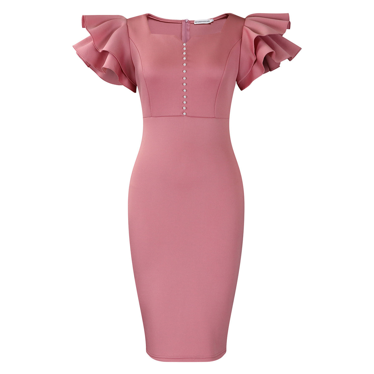 Beaded Ruffle Sleeve Evening Dress