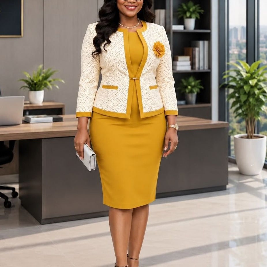 Contrast Trim Jacket and Pencil Skirt Set