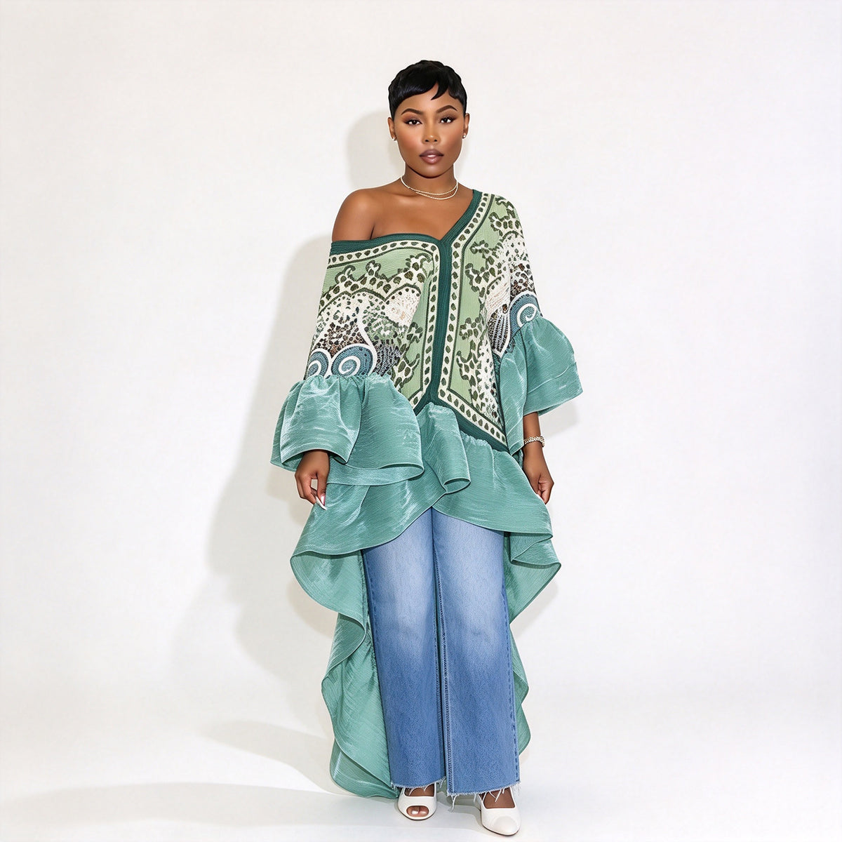 Printed Pleated V Neck High Low Cover Up
