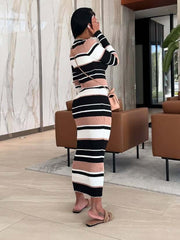 Striped Knit Long Sleeve Bodycon Maxi Dress