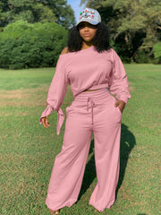 Tie Sleeve Crew Neck Top and Pants Set