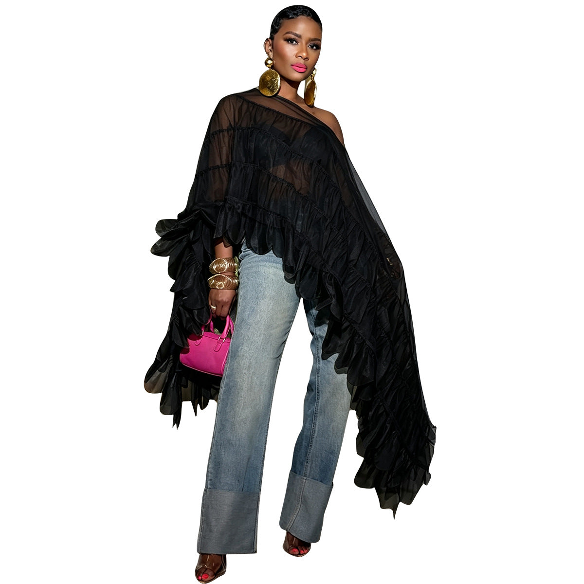 Layered Ruffle One Shoulder Mesh Top