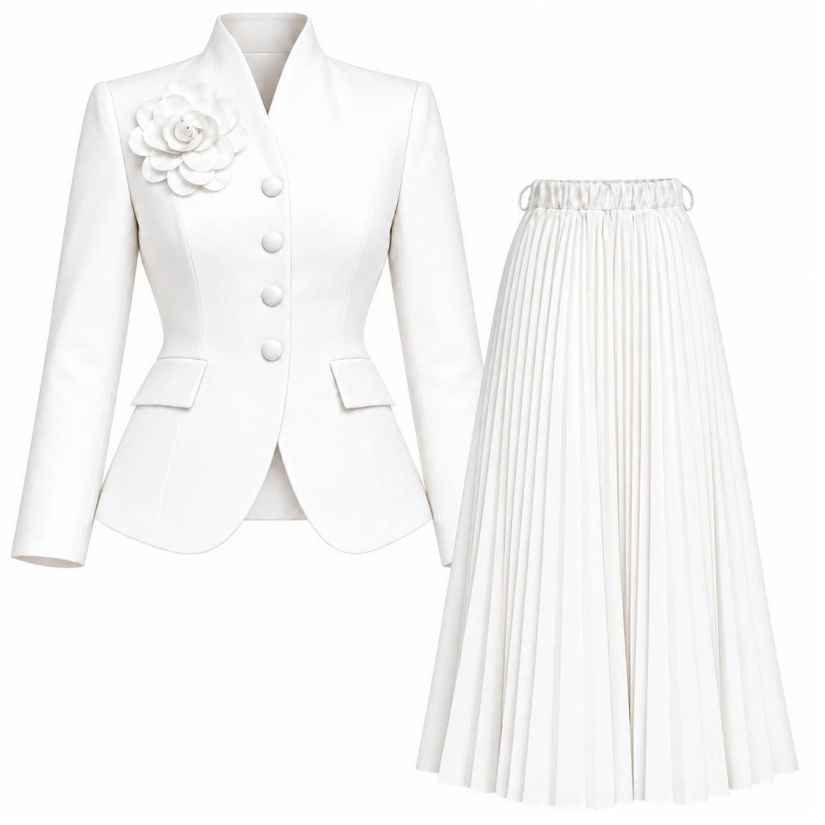 Stand Collar Jacket and Pleated Maxi Skirt Set
