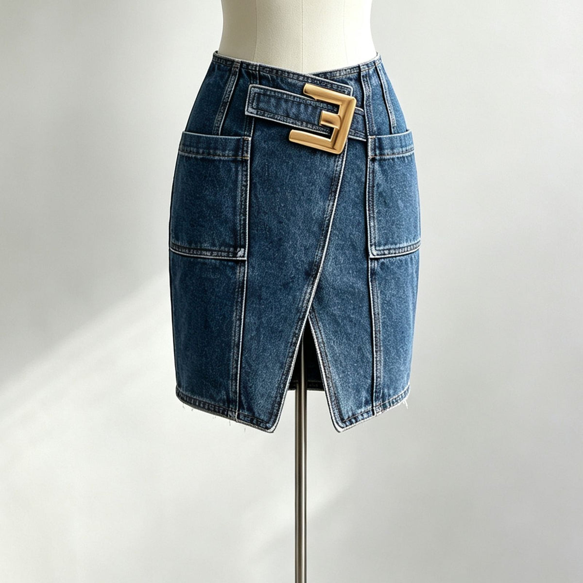 Gold Buckle Slit Denim Mini Skirt