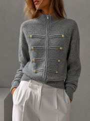 Button Trim Stand Collar Zip Knit Cardigan
