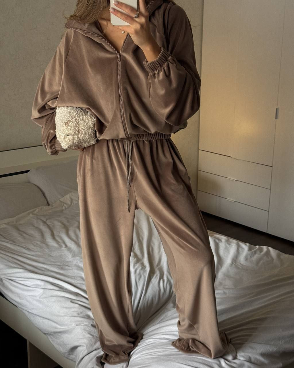 Stand Collar Zip Jacket and Wide Leg Pants Set