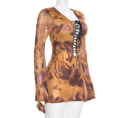 Printed Tie Front Mesh Mini Dress