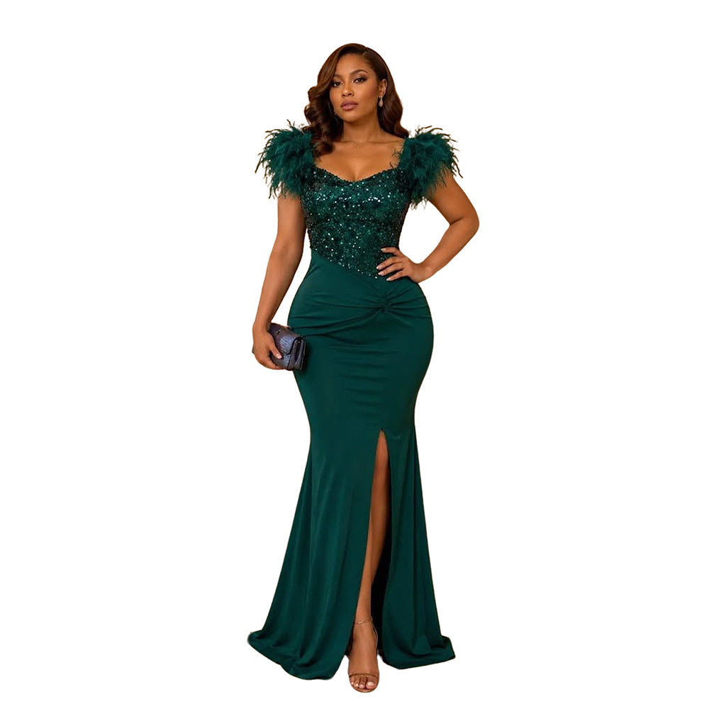 Feather Sequin High Slit Evening Dress
