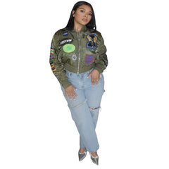 Embroidered Lined Casual Bomber Jacket