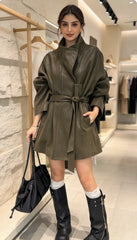Belted High Collar Leather Look Coat-boutique