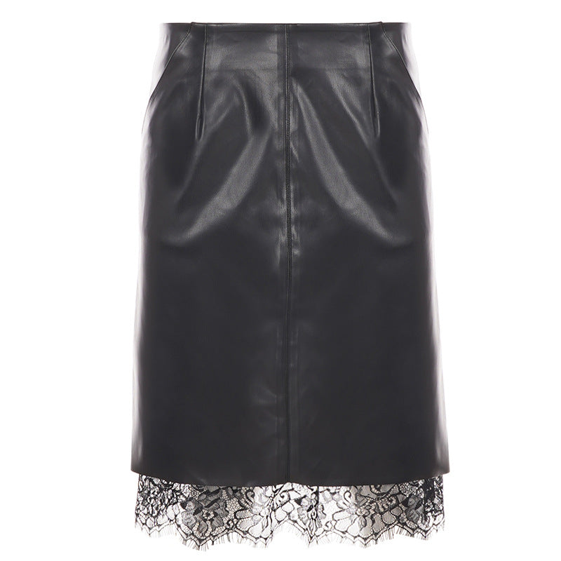 Lace Hem Leather Look Pencil Skirt