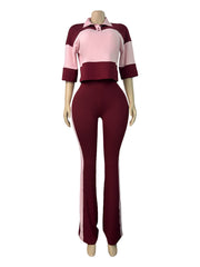Striped Polo Top and Flare Pants Set