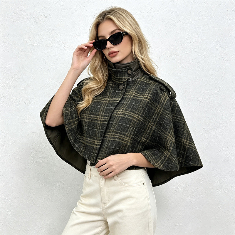 Plaid Stand Collar Cropped Cape Jacket-boutique