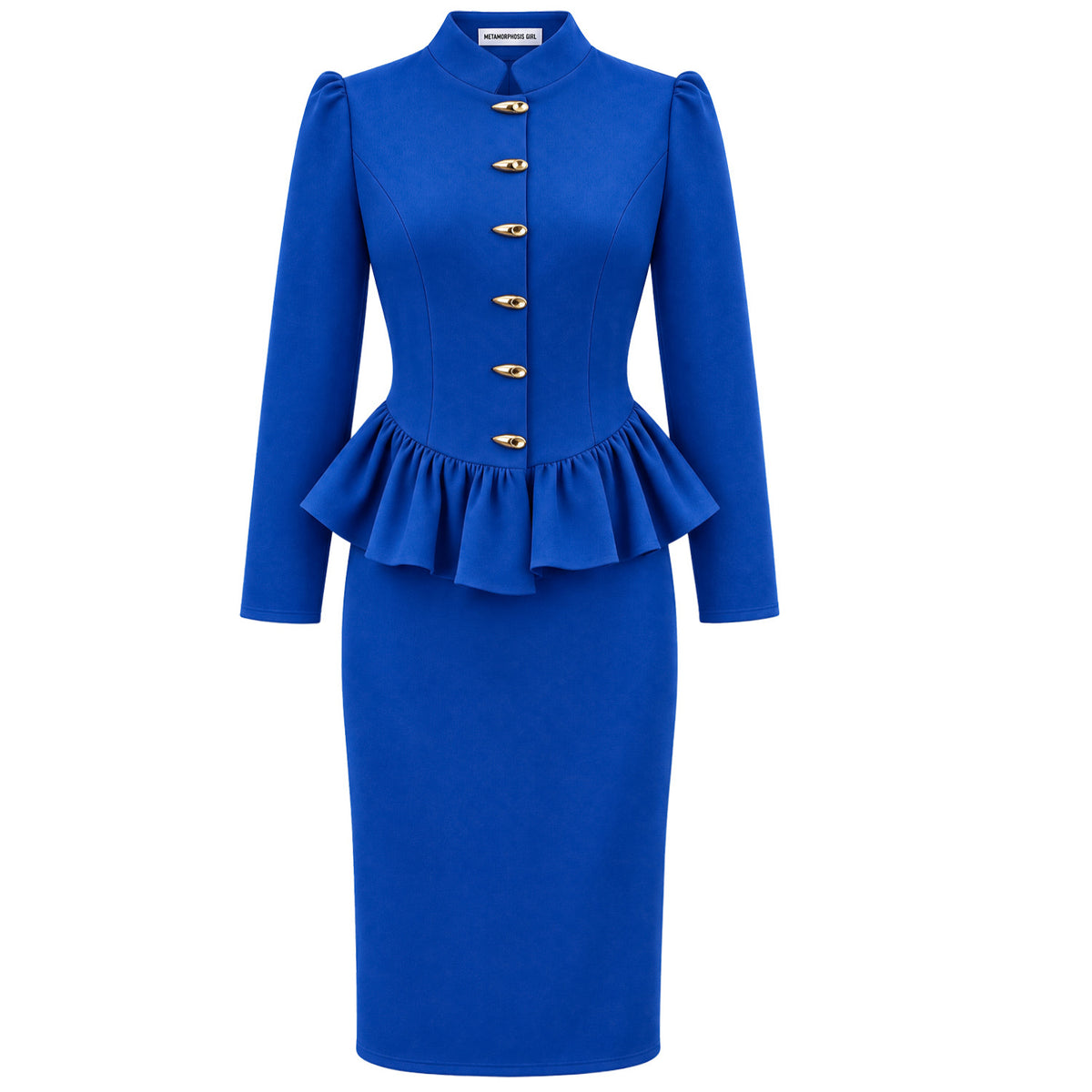 Stand Collar Peplum Top and Pencil Skirt Set