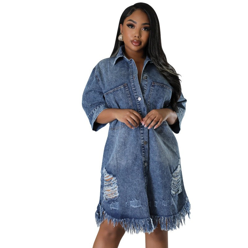 Plus Size Fringe Denim Shirt Dress
