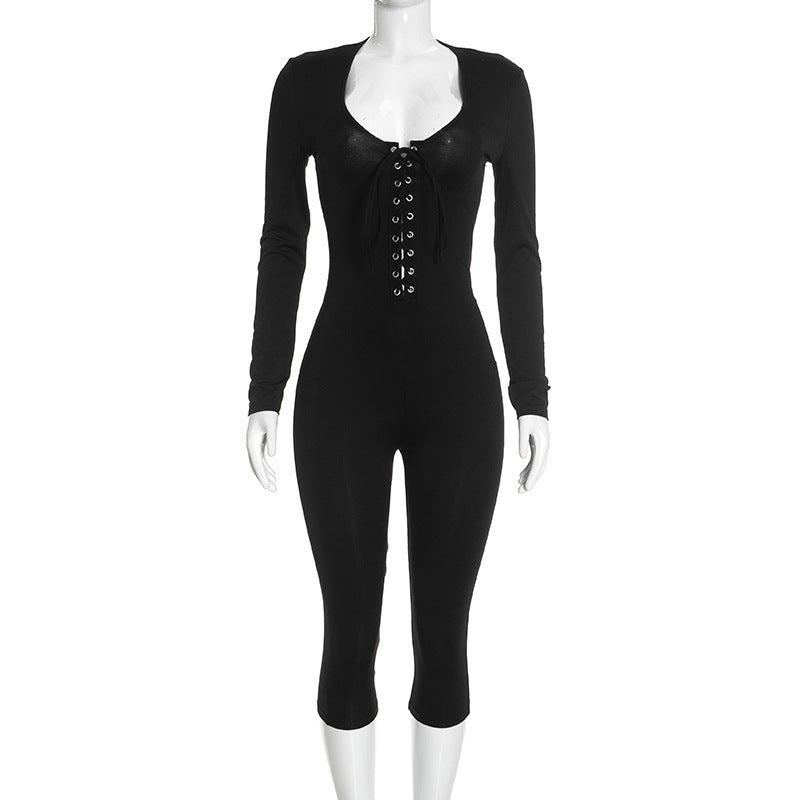 Lace Up Square Neck Long Sleeve Jumpsuit