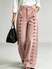 Metal Button High Waist Wide Leg Jeans