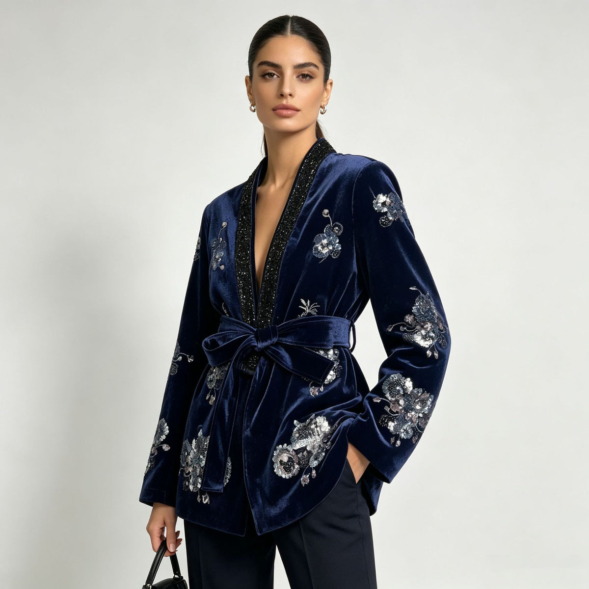 Sequin Panel Belted Tailored Jacket-boutique