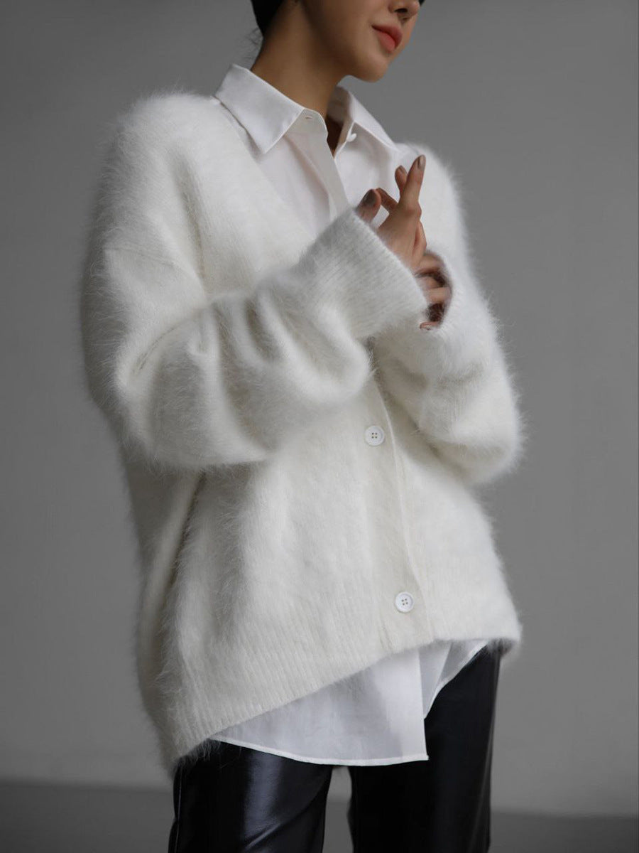 Fuzzy V Neck Button Front Knit Cardigan