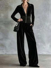 Stud Trim Zip Front Wide Leg Jumpsuit