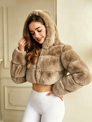 Hooded Paneled Faux Fur Cropped Jacket