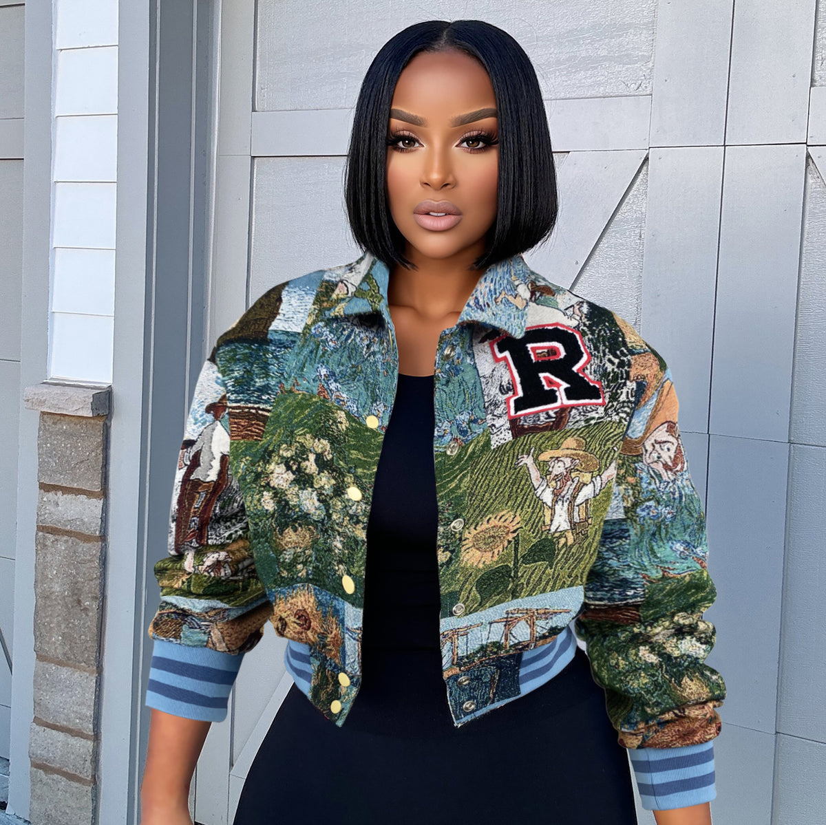 Vintage Print Cropped Varsity Jacket