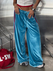 Velvet Side Stripe Drawstring Wide Leg Pants