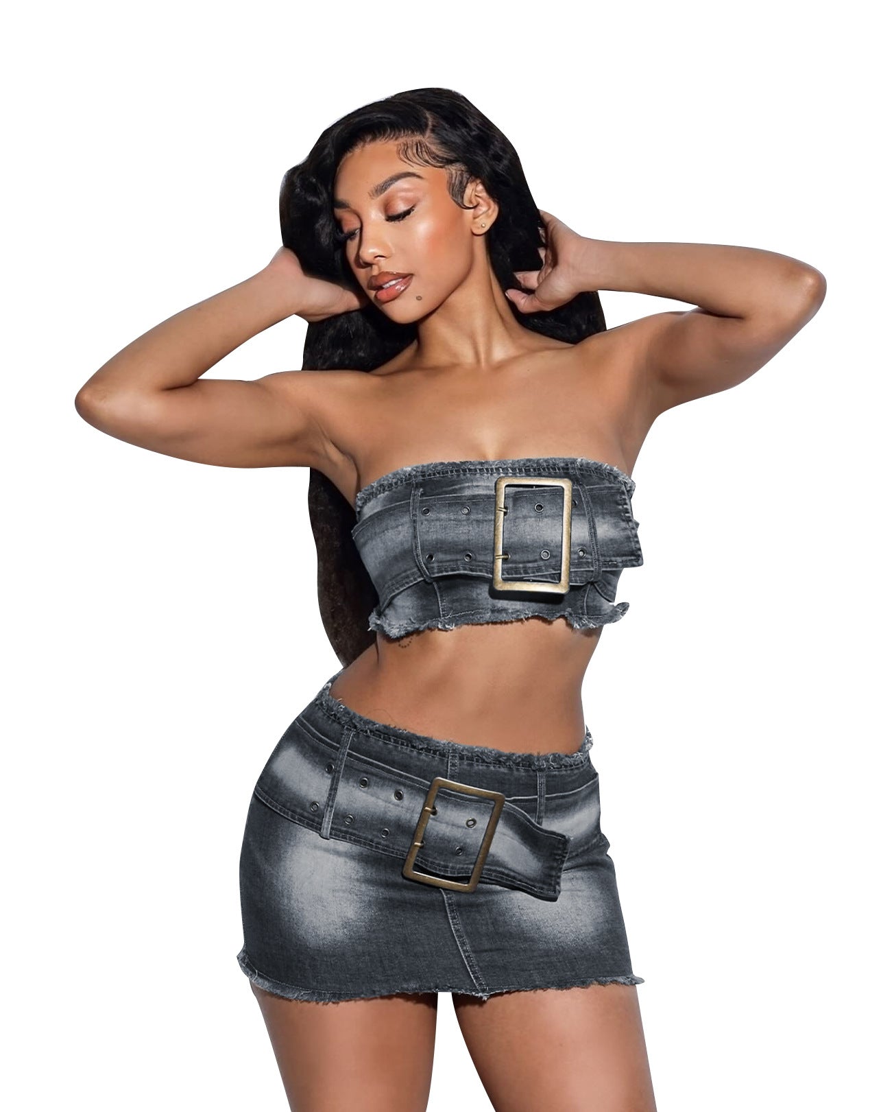 Sexy Strapless Elastic Denim Skirt Set