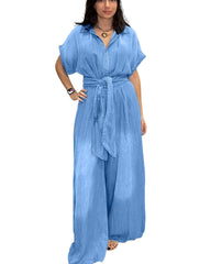 Belted Short Sleeve Wide Leg Jumpsuit