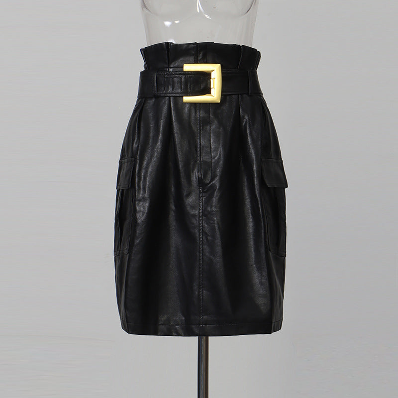 Belted Leather Look Pocket Pencil Skirt-boutique