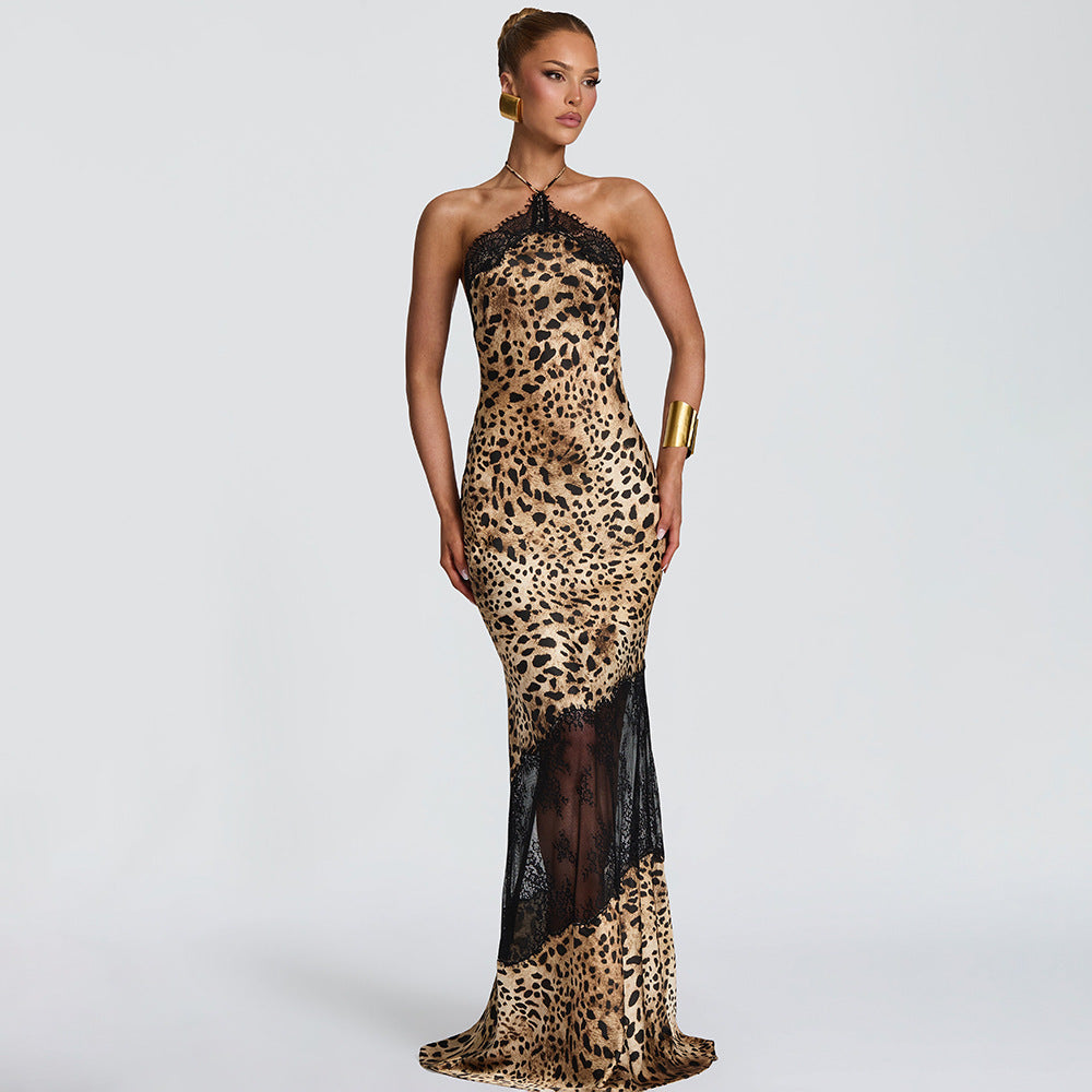 Halter Lace Panel Fishtail Maxi Dress