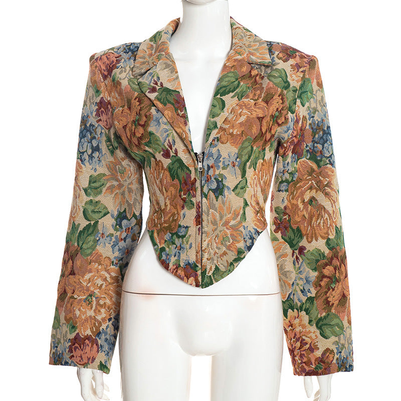 Floral Jacquard Lapel Zip Front Cropped Jacket