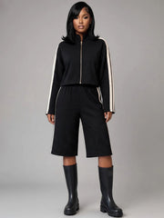 Zip Jacket and Side Stripe Culotte Pants Set