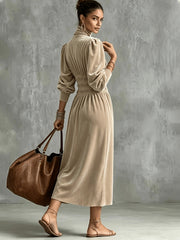 High Neck Smocked Waist Long Sleeve Midi Dress