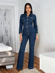 Contrast Stitch Long Sleeve Denim Jumpsuit-boutique