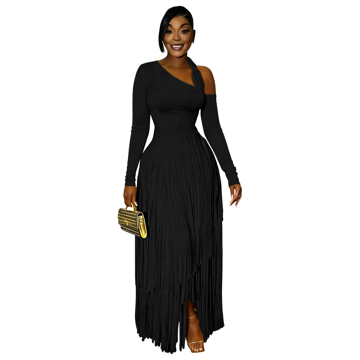 Women's Fringe Long Sleeve Bodycon Maxi Dress